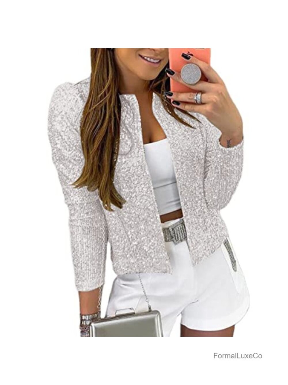 Sequin Blazer Open Front Long Sleeve Puff Sleeve Party Jacket